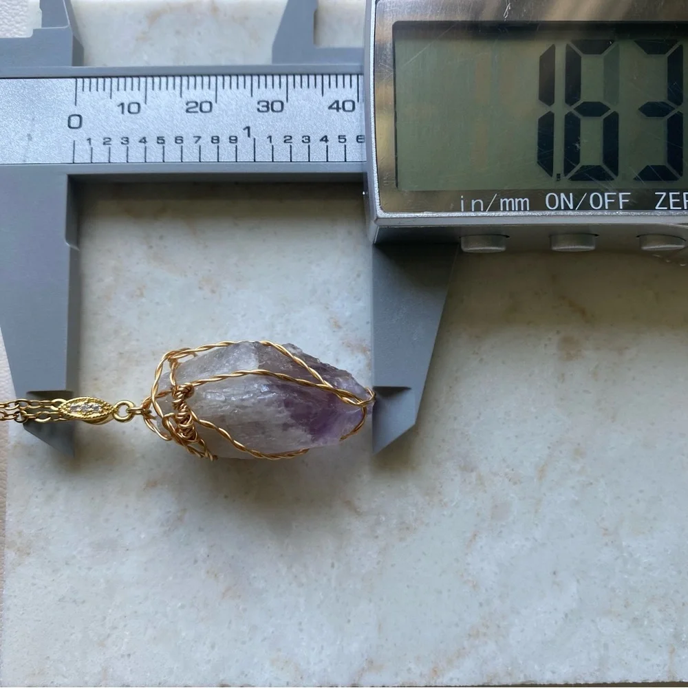 Natural Brazilian Amethyst Crystal  Gold Wire Wrapped necklace P35